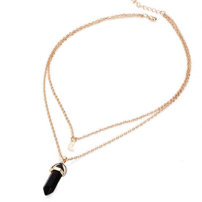 Natural stone glass hexagonal necklace necklace European and American fashion double moon moon crescent bullets pendulum pendant necklace - terrifictrend