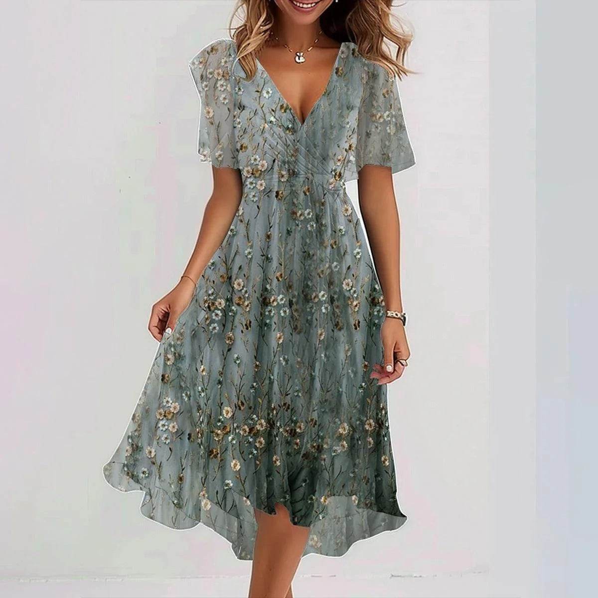 Chiffon Printed Short Sleeve Dress Summer Elegant V-neck Dresses Womens Clothing - terrifictrend