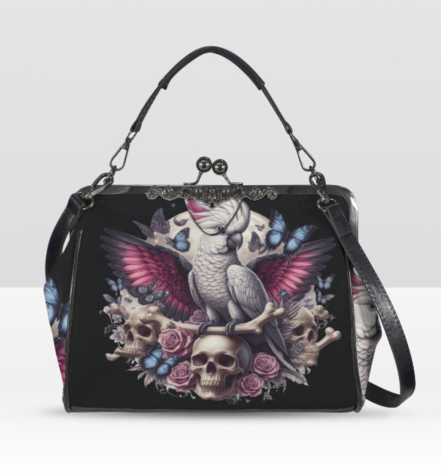 Dark Victorian Gothic Parrot Cockatoo Skull Shoulder Cross Body Bag Satchel Kisslock