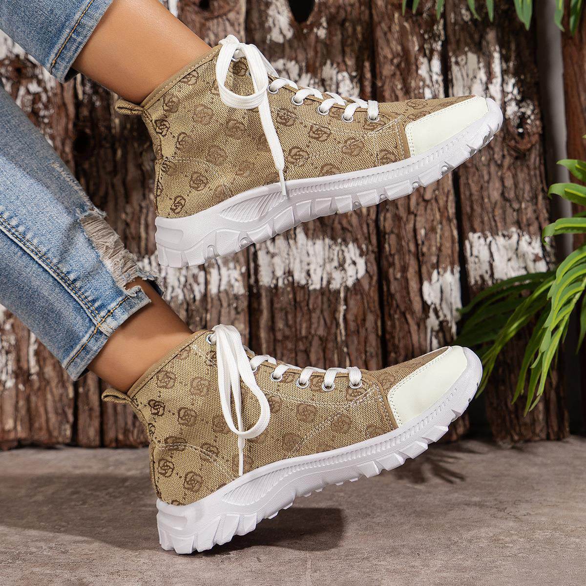 Rose-printed Lace-up Boots Fashion Breathable Canvas Shoes Sports Casual Non-slip Thick-soled Short Boot For Women - terrifictrend