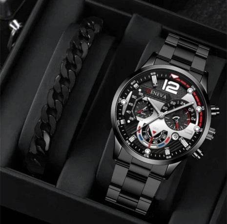 2pcs Men's New Popular Steel Strip Fashion Business Three Eye Quartz Watch Bracelet Set Valentine's Day Gifts - terrifictrend