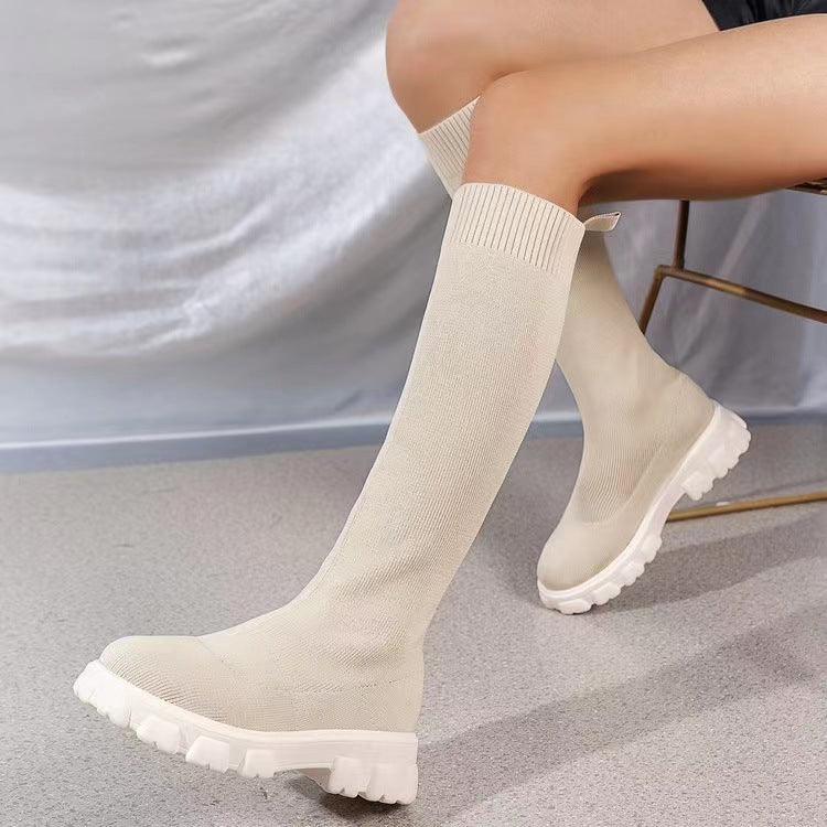 Fashion Knitted Boots Women's Flyweaving Breathable Thick-soled Skinny Boots Winter Fall Shoes Cj