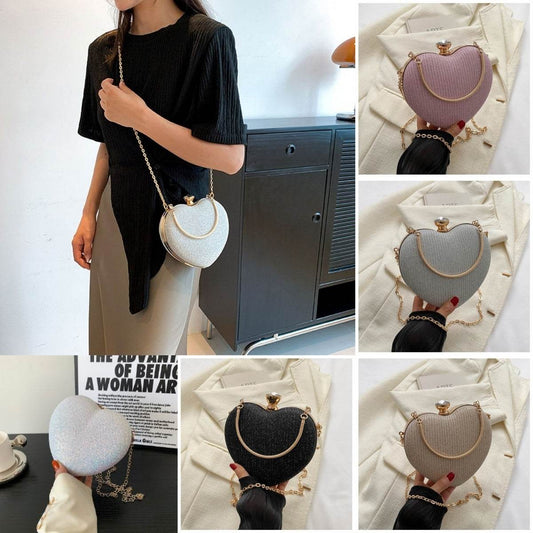 Evening Clutch Bag Women Bag Shiny Handbag Heart Shape Metal Clutches Bag Fashion Chain Shoulder Crossbody Bag Luxury Lady Purse Valentines Day Outfit - terrifictrend