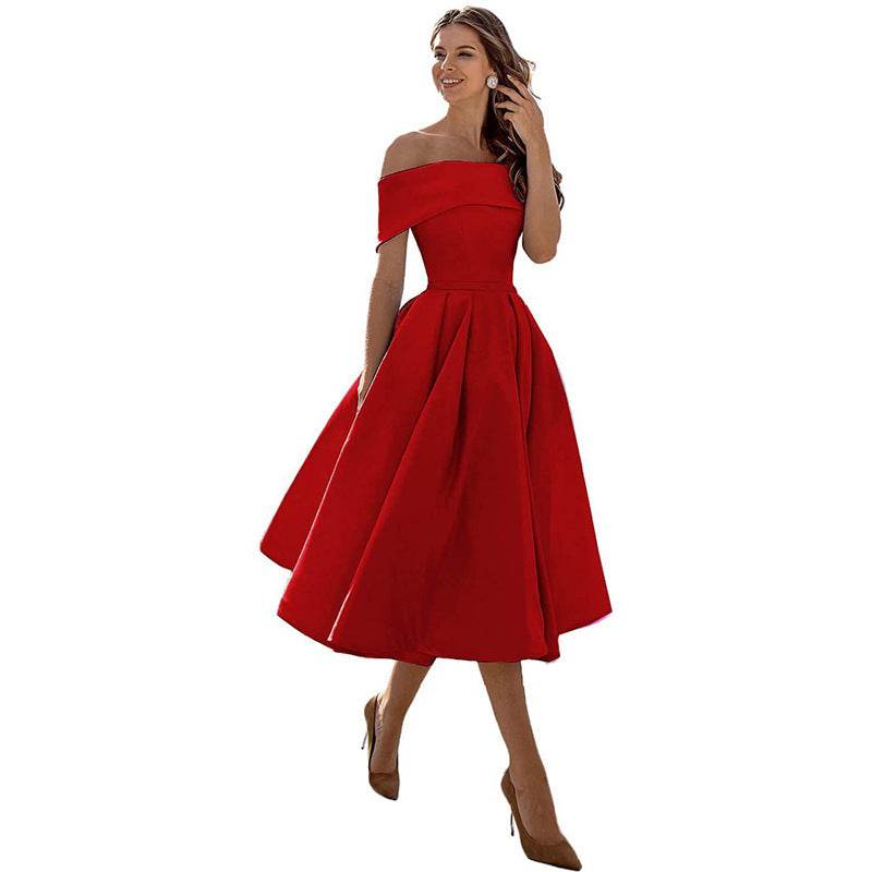 Women's Fashion Casual Strapless Satin Party Dress Off The Shoulder Tea Length Satin Prom Dresses With Pockts Formal Evening Party Dress - terrifictrend