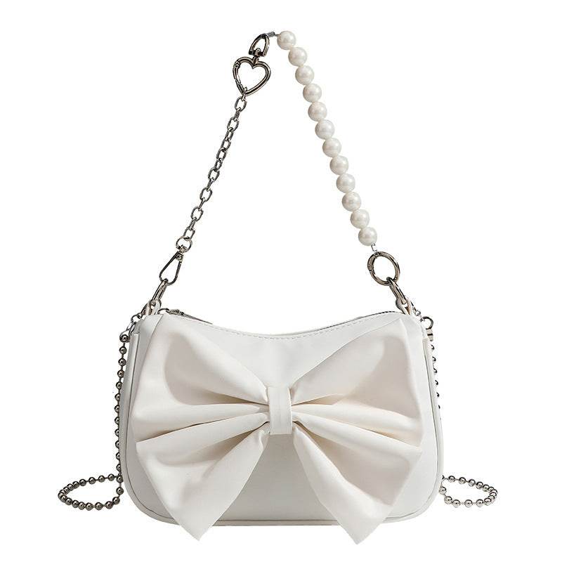 Black White PU Bow Handbags Autumn Winter Ladies Underarm Tote Bags Fashion Simple Pearl Chain Shoulder Bag Small Purse - terrifictrend