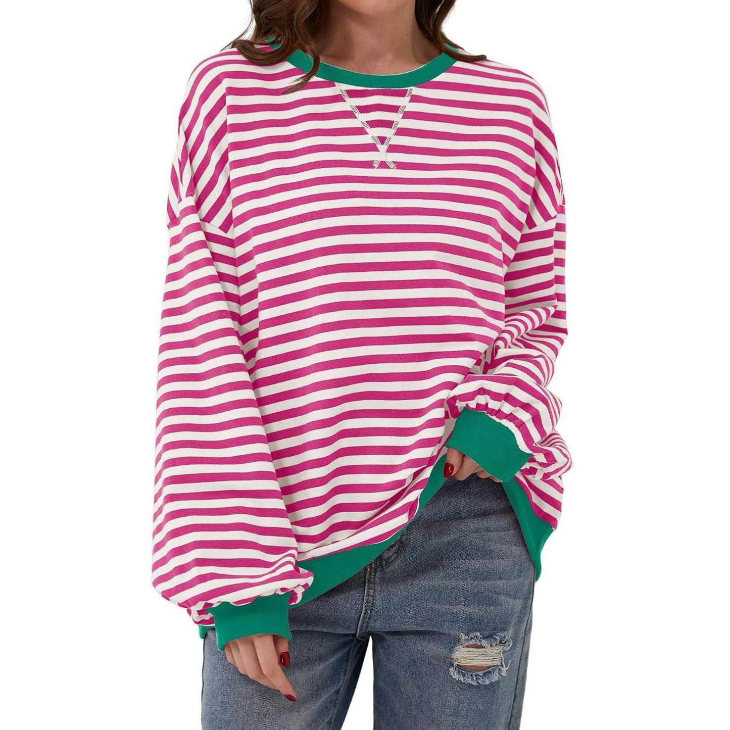 Loose Striped Long Sleeve T-shirt Casual Pullover Sweater For Womens Clothing - terrifictrend