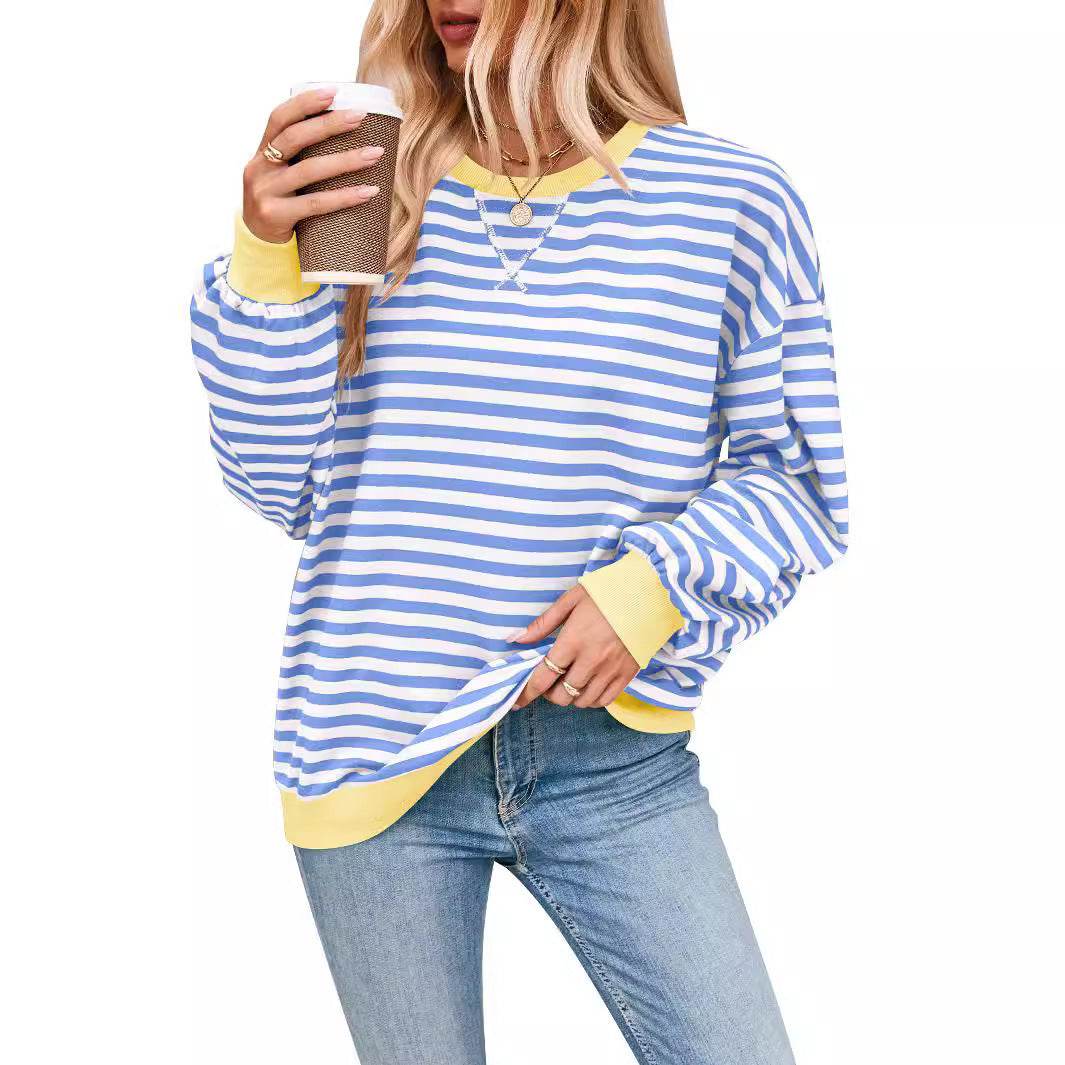 Loose Striped Long Sleeve T-shirt Casual Pullover Sweater For Womens Clothing - terrifictrend
