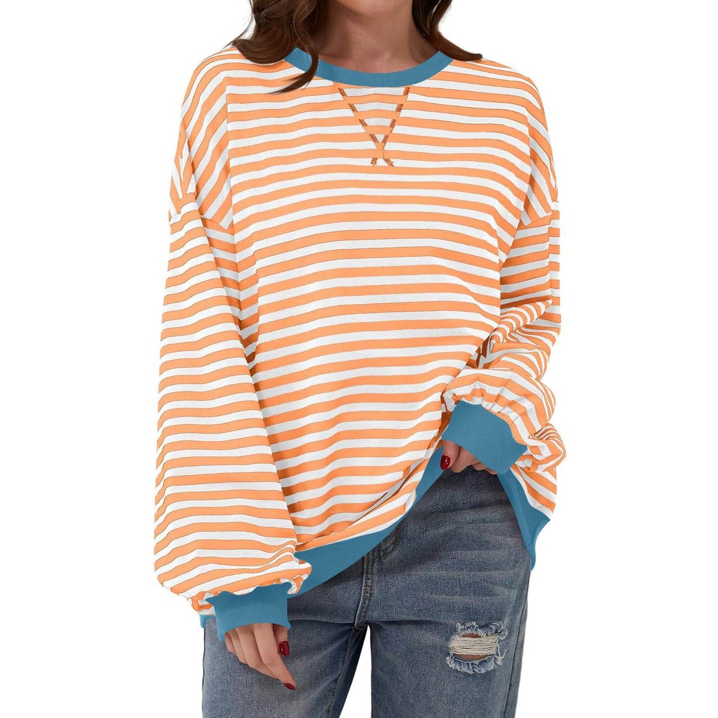 Loose Striped Long Sleeve T-shirt Casual Pullover Sweater For Womens Clothing - terrifictrend