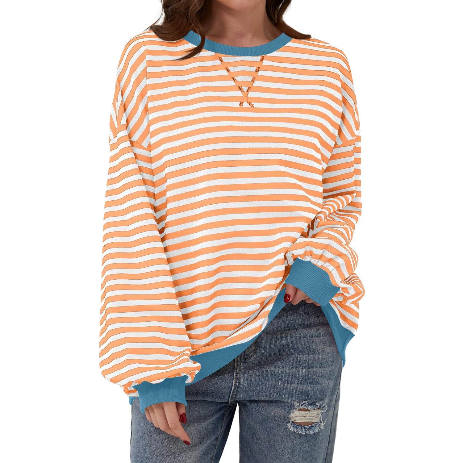 Loose Striped Long Sleeve T-shirt Casual Pullover Sweater For Womens Clothing - terrifictrend