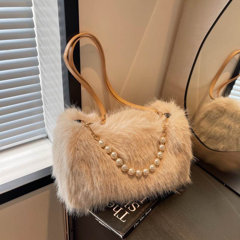 Autumn And Winter Fashion Shoulder Bags Pearl Chain Crossbody Bag Versatile Commuting Armpit Plush Female Bag - terrifictrend
