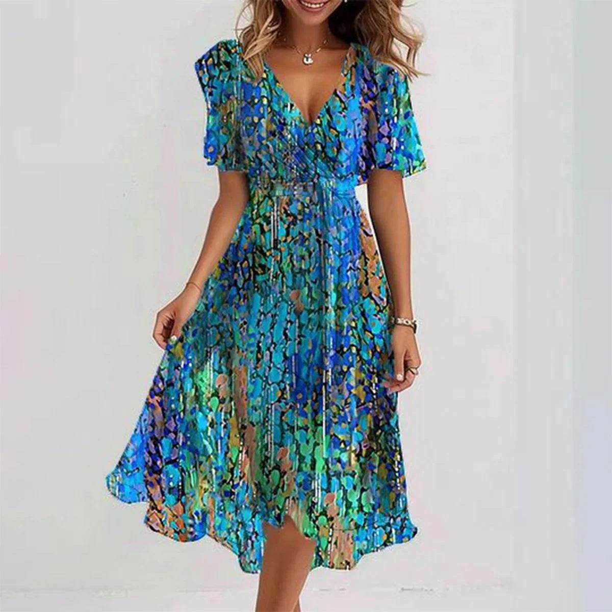 Chiffon Printed Short Sleeve Dress Summer Elegant V-neck Dresses Womens Clothing - terrifictrend