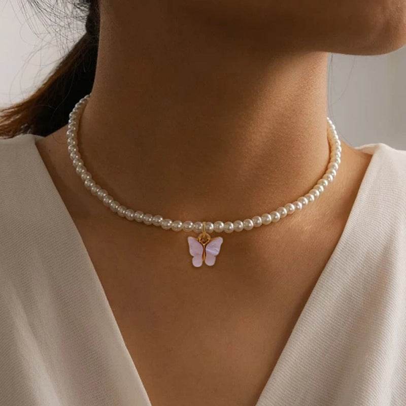 Elegant White Pearl Choker Necklace Small Round Pearl Wedding Butterfly Necklace For Women Charm Fashion Jewelry - terrifictrend