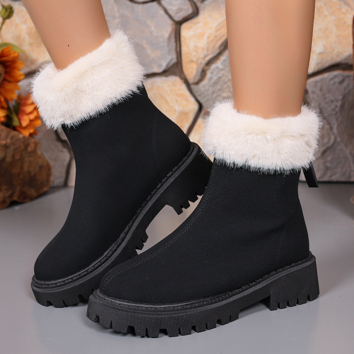 Square-heeled Snow Boots Winter Plus Velvet Platform Plush Shoes Fashion Warm Non-slip Mid-calf Boot For Women Cj