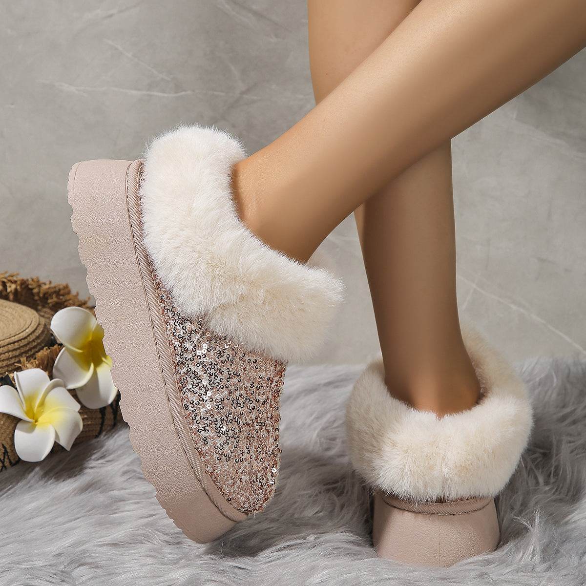 Fashion Sequined Thick-soled Plush Shoes Winter Indoor And Outdoor Casual Warm Slippers Women Garden House Shoes - terrifictrend