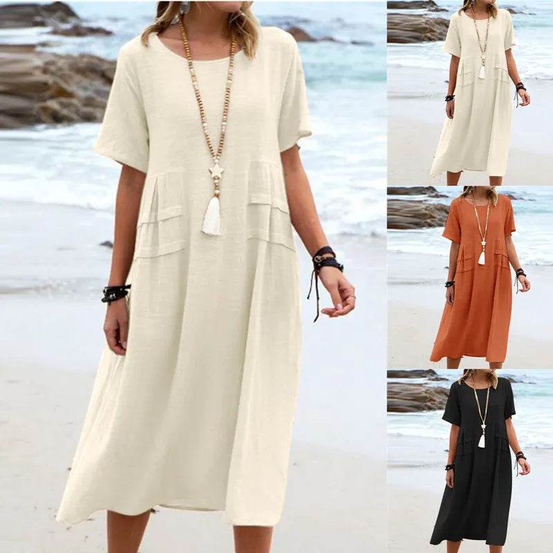 Women's Summer Loose Casual Midi Dress Breathable Cotton Linen Short-sleeve Mid-length Dresses Women Simple Beach Dress - terrifictrend
