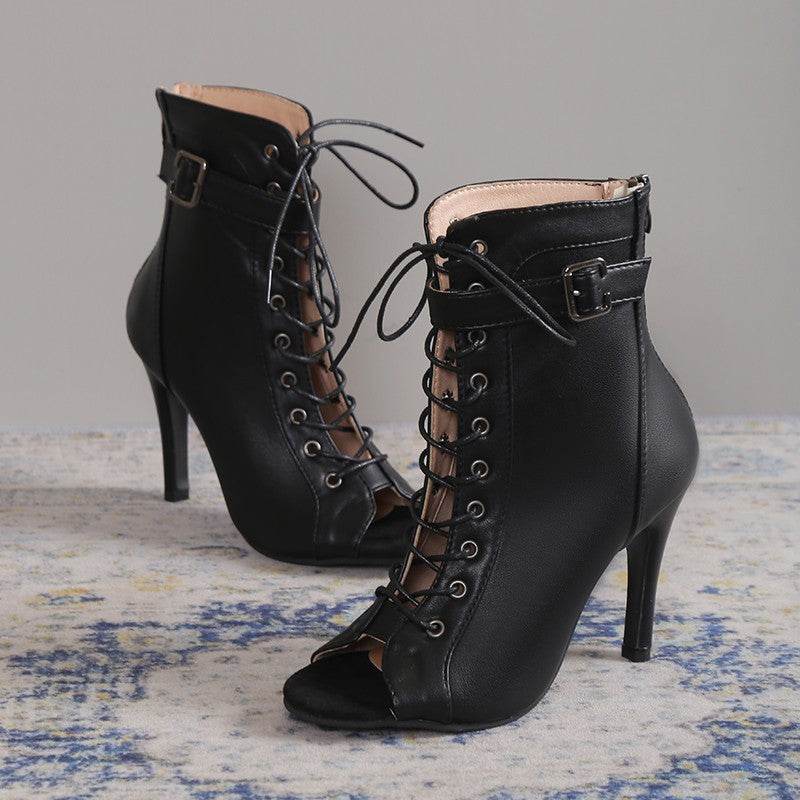 Women's Peep Toe High Heel Pumps Shoes Fashion Lace-up Buckle Sandals With Back Zipper Design - terrifictrend