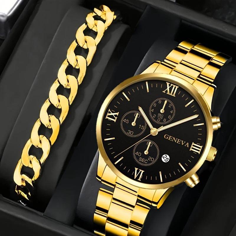 2pcs Men's New Popular Steel Strip Fashion Business Three Eye Quartz Watch Bracelet Set Valentine's Day Gifts - terrifictrend