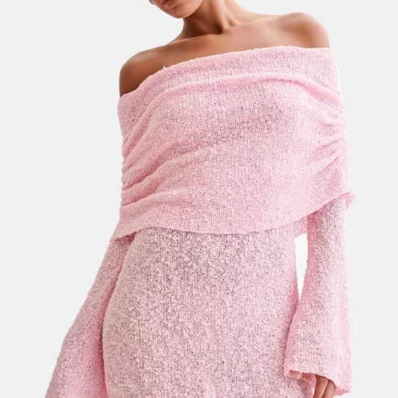 Women's Spring Summer Knitted Dress Elegant Party Boat Neck Dress Infant Off Shoulder Bodycon Long Sleeve Fuzzy Short Club Chic Mini Dress - terrifictrend