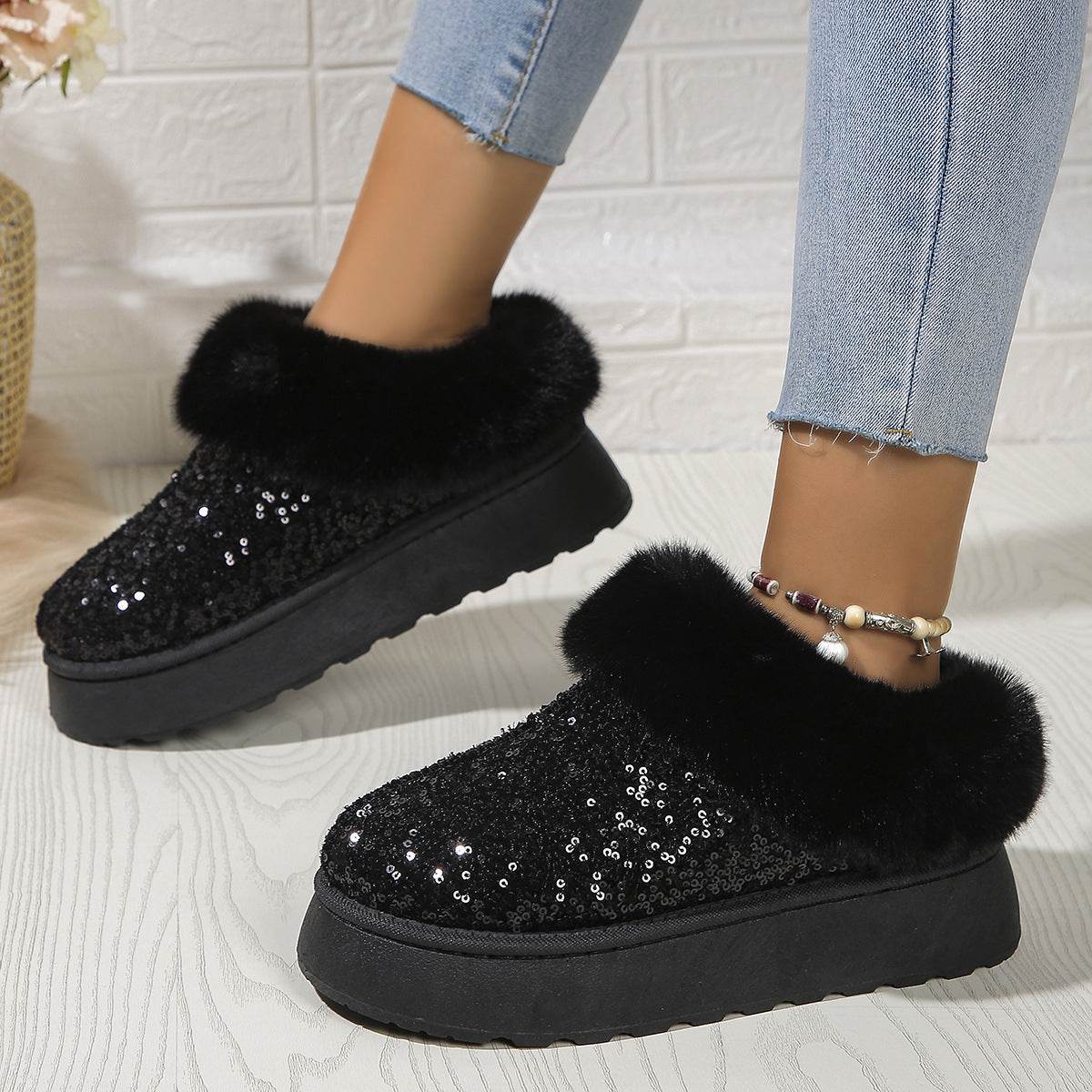 Fashion Sequined Thick-soled Plush Shoes Winter Indoor And Outdoor Casual Warm Slippers Women Garden House Shoes - terrifictrend