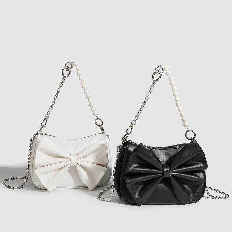 Black White PU Bow Handbags Autumn Winter Ladies Underarm Tote Bags Fashion Simple Pearl Chain Shoulder Bag Small Purse - terrifictrend