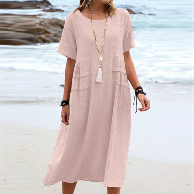 Women's Summer Loose Casual Midi Dress Breathable Cotton Linen Short-sleeve Mid-length Dresses Women Simple Beach Dress - terrifictrend