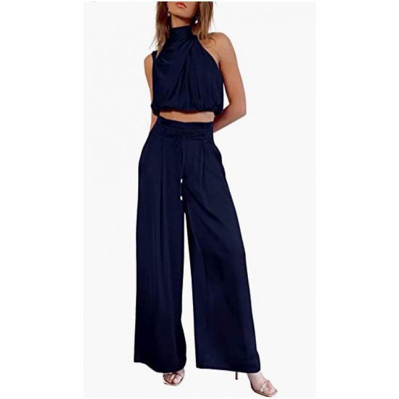 Summer Suits Casual Sleeveless Midriff-baring Top And Wide Leg Pants 2pcs Set Womens Clothing - terrifictrend