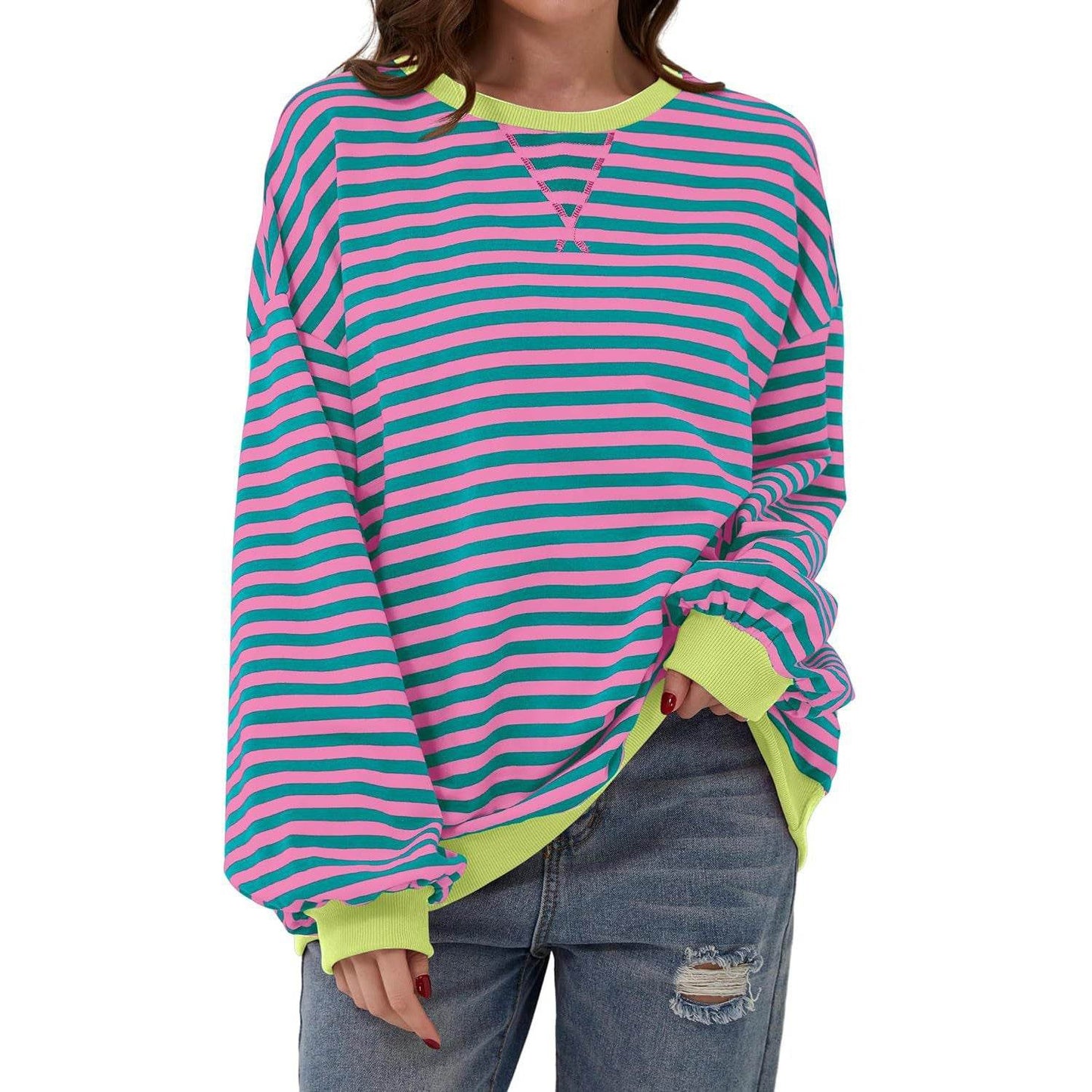 Loose Striped Long Sleeve T-shirt Casual Pullover Sweater For Womens Clothing - terrifictrend