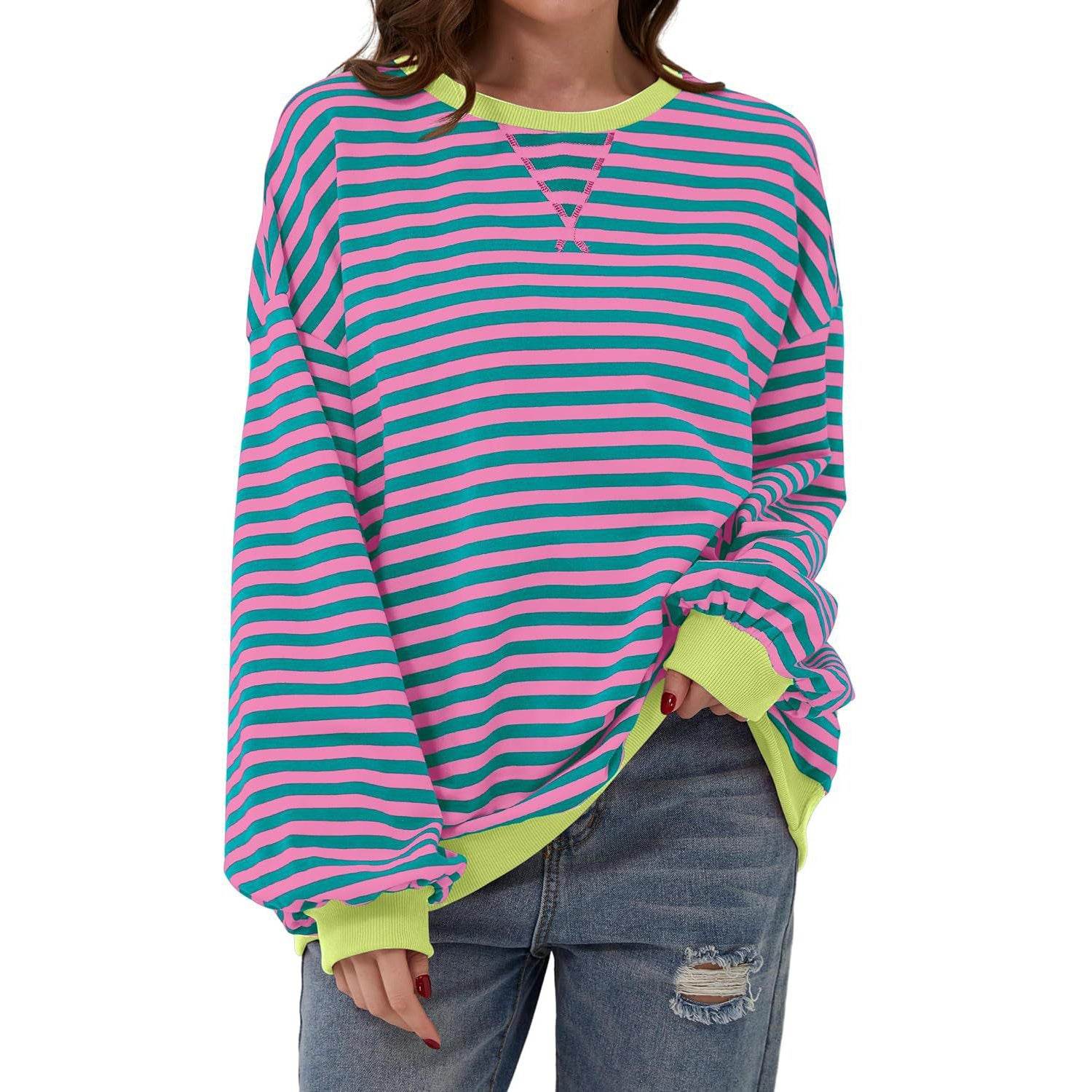Loose Striped Long Sleeve T-shirt Casual Pullover Sweater For Womens Clothing - terrifictrend