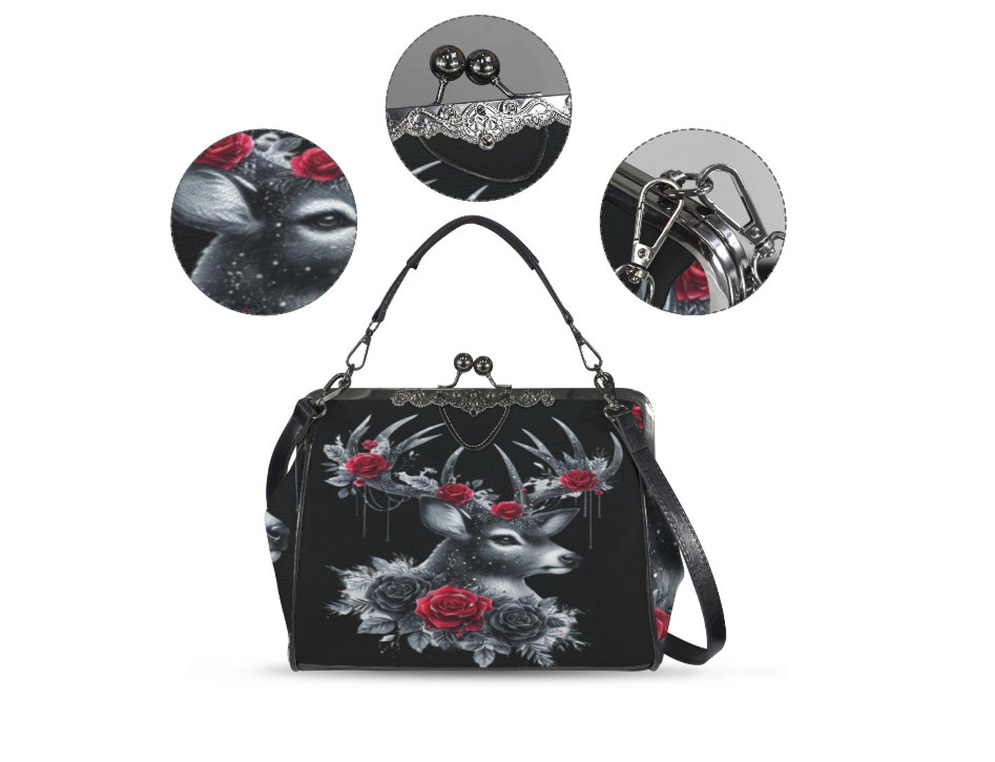 Gothic Victorian Deer Red Black Roses Holiday Shoulder Cross Body Bag Satchel Kisslock
