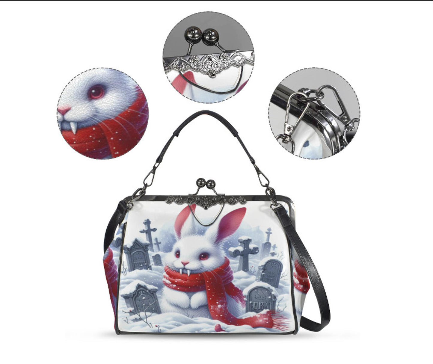 Gothic Victorian Winter Bunny w/Fangs Holiday Shoulder Cross Body Bag Satchel Kisslock