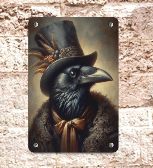 Gothic Victorian Anthropomorphism Raven Crow Bird Metal Sign Wall Decor Sign Handcrafted