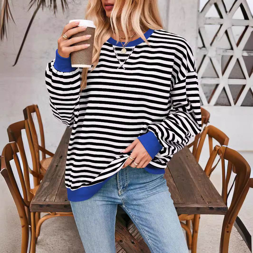 Loose Striped Long Sleeve T-shirt Casual Pullover Sweater For Womens Clothing - terrifictrend
