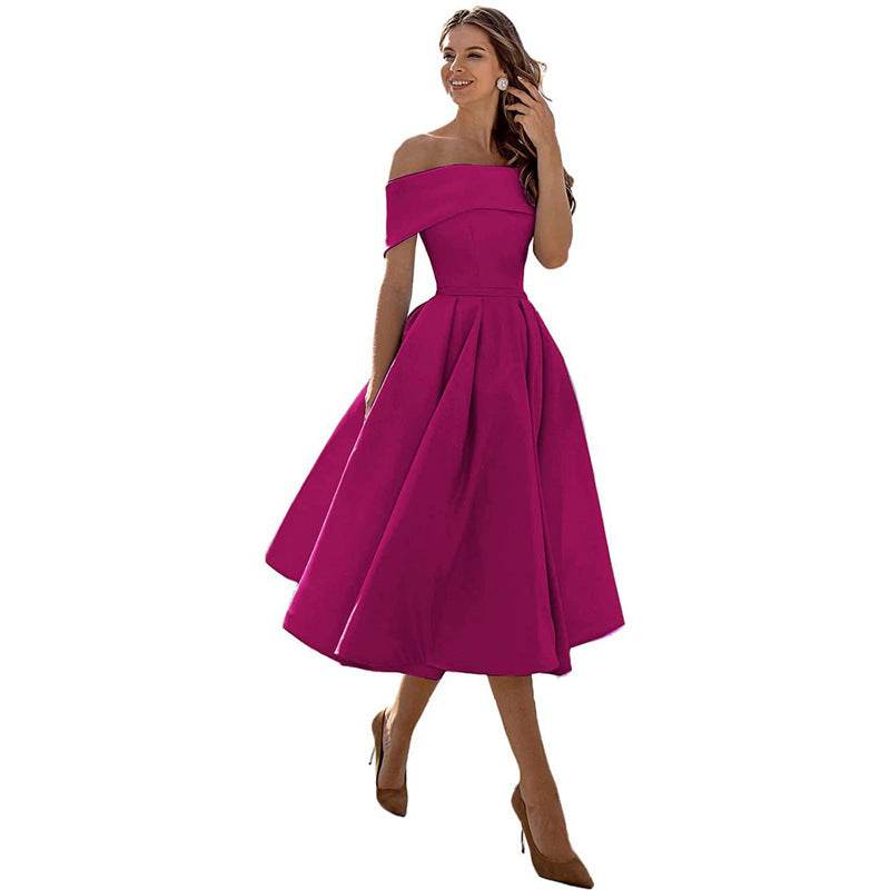Women's Fashion Casual Strapless Satin Party Dress Off The Shoulder Tea Length Satin Prom Dresses With Pockts Formal Evening Party Dress - terrifictrend