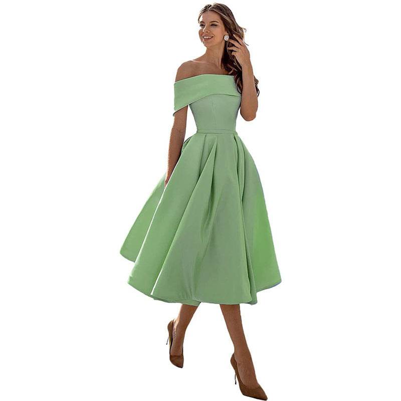 Women's Fashion Casual Strapless Satin Party Dress Off The Shoulder Tea Length Satin Prom Dresses With Pockts Formal Evening Party Dress - terrifictrend