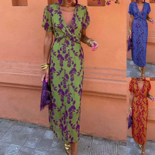 Summer V-neck Short-sleeved Dress Fashion Flowers Printed Slim Beach Dresses For Women Clothing - terrifictrend