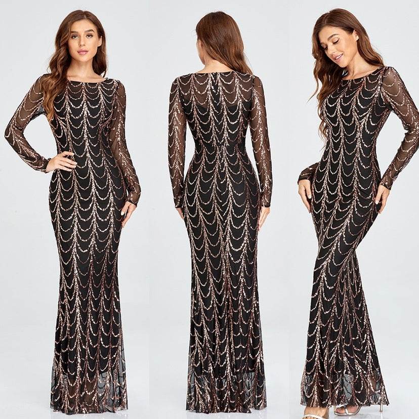 Sequins Women Maxi Dresses Long Sleeve Female Party Dresses - terrifictrend