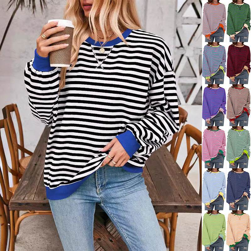 Loose Striped Long Sleeve T-shirt Casual Pullover Sweater For Womens Clothing - terrifictrend