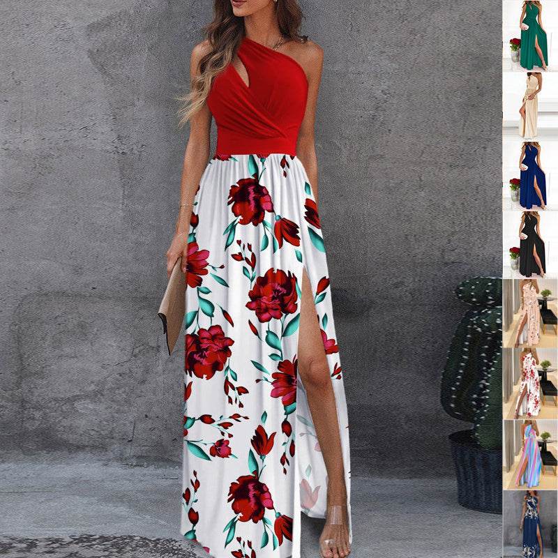 Rose Print Split Dress Summer Fashion One-shoulder Long Dress Womens Clothing - terrifictrend