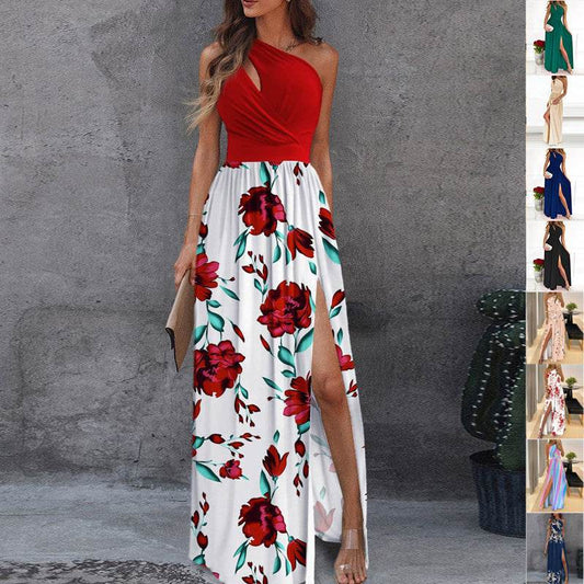 Rose Print Split Dress Summer Fashion One-shoulder Long Dress Womens Clothing - terrifictrend