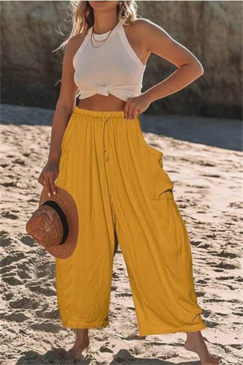 Fashion Wide Leg Pants Summer Loose Elastic High Waist Pleated Trousers Solid Color Womens Clothing - terrifictrend