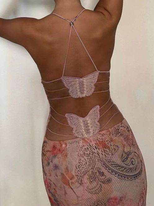 Floral Print Halter Spaghetti Straps Dress Sexy Slim Butterfly Back Dressess Spring Summer Womens Clothing - terrifictrend