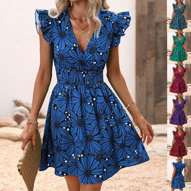 New Flowers Print Ruffled Sleeveless Dress Summer Sexy Deep V-neck Slim-waist Short Dresses For Womens Clothing - terrifictrend