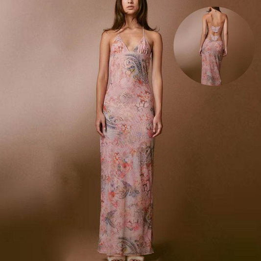 Floral Print Halter Spaghetti Straps Dress Sexy Slim Butterfly Back Dressess Spring Summer Womens Clothing - terrifictrend