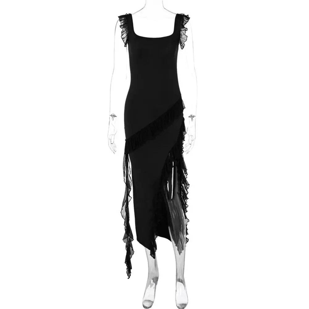Ruffle Thigh High Split Dress Women Sexy Spaghetti Strap Square Neck Backless Suspender Dresses For Evening Praty Clothing - terrifictrend
