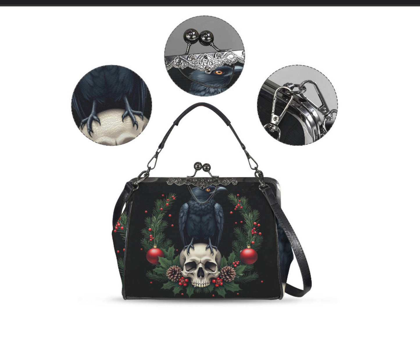 Victorian Gothic Crow Bird Skull Christmas Shoulder Cross Body Hand Bag Satchel Kisslock