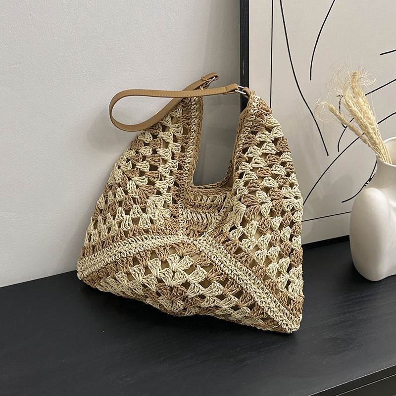 Women's Fashion Handmade Straw Woven Hollow Contrast Color Weave Shoulder Bag - terrifictrend