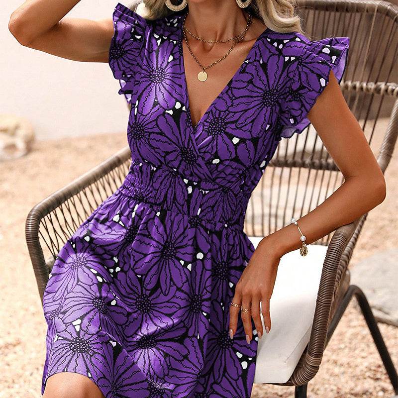 New Flowers Print Ruffled Sleeveless Dress Summer Sexy Deep V-neck Slim-waist Short Dresses For Womens Clothing - terrifictrend