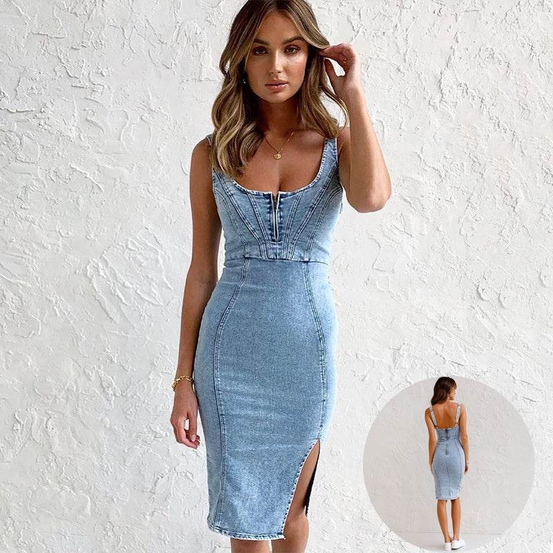 New U-neck Suspender Denim Dress Summer Casual Tight Slim Fit Dresses With Slit Design Womens Clothing - terrifictrend