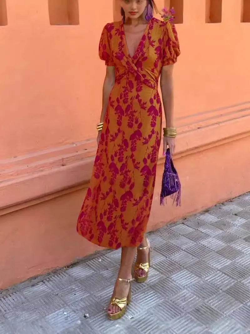 Summer V-neck Short-sleeved Dress Fashion Flowers Printed Slim Beach Dresses For Women Clothing - terrifictrend
