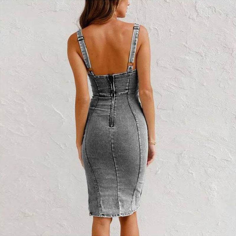 New U-neck Suspender Denim Dress Summer Casual Tight Slim Fit Dresses With Slit Design Womens Clothing - terrifictrend